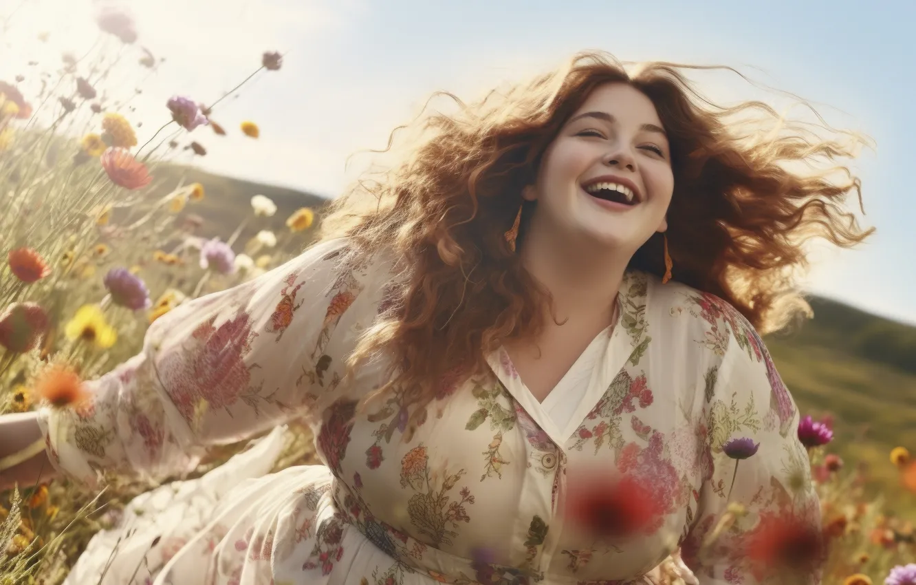 Photo wallpaper girl, joy, happiness, flowers, smile, hair, laughter, digital art