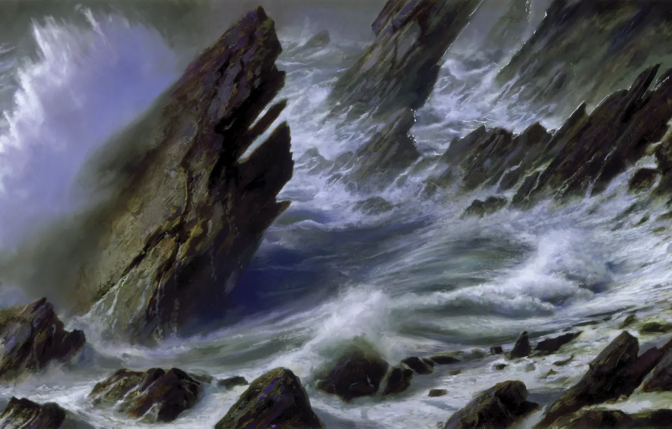Photo wallpaper sea, wave, storm, rocks, shore, picture, Donato Giancola