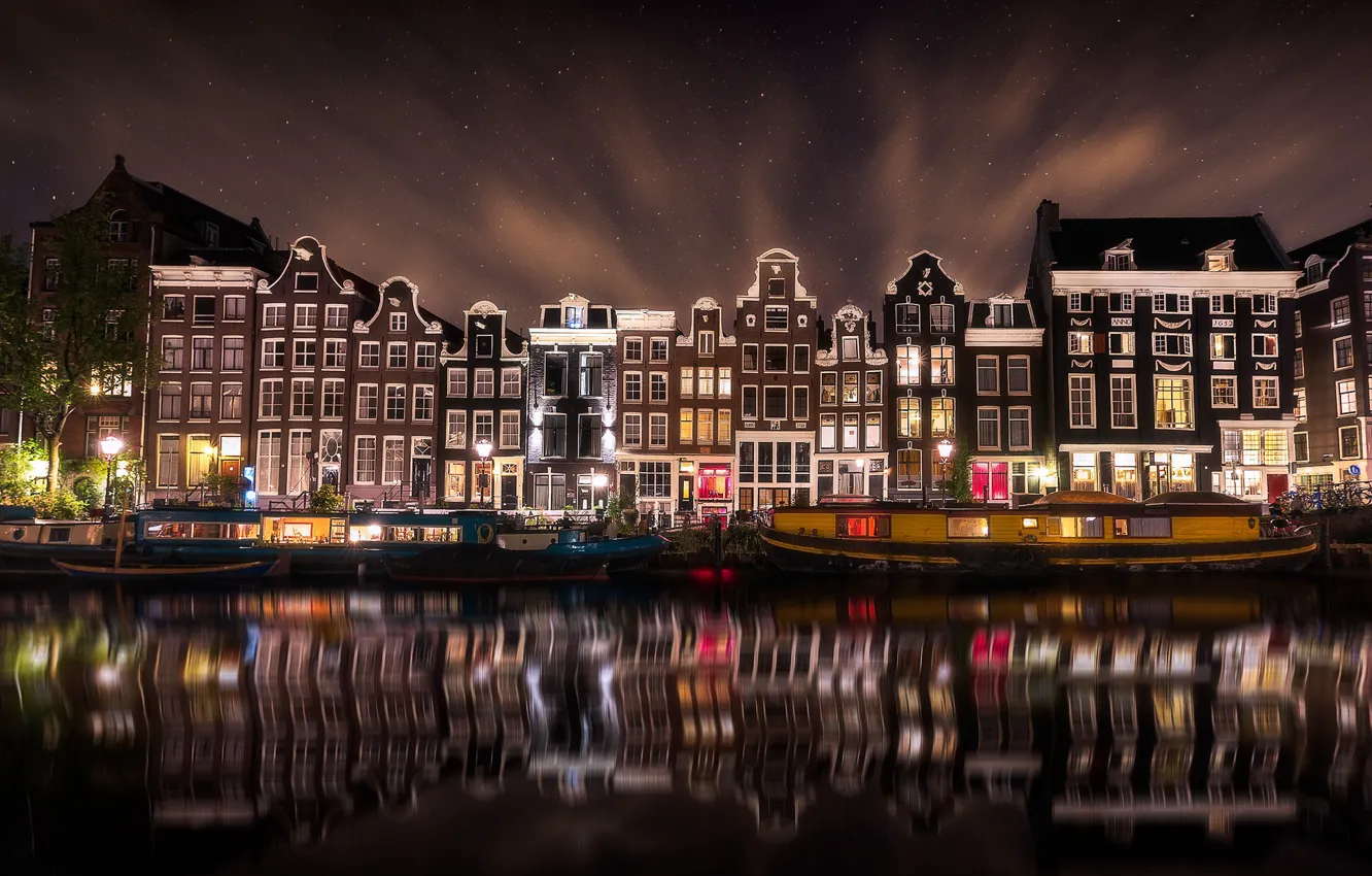 Photo wallpaper night, the city, lights, Amsterdam, Netherlands