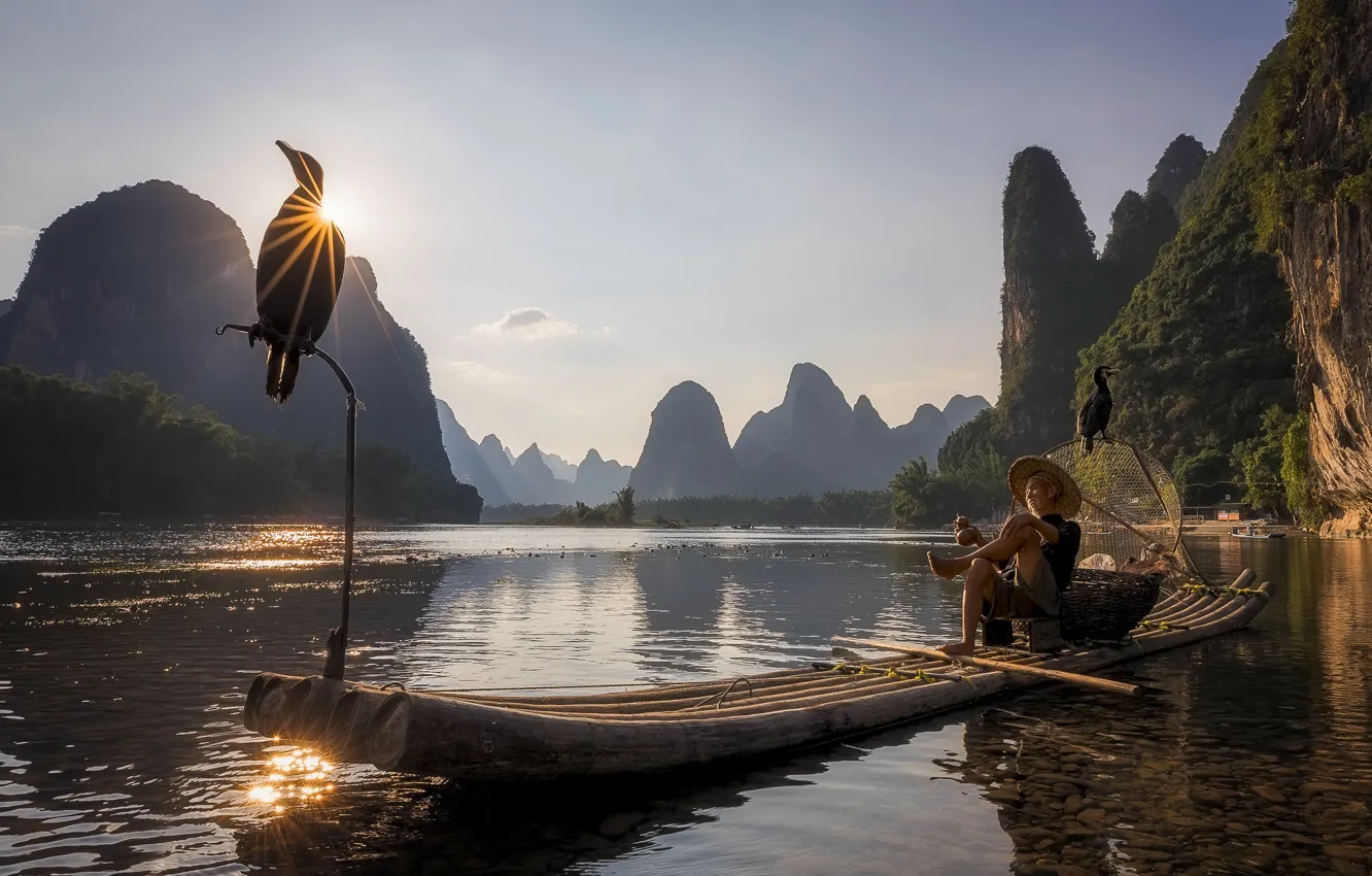 Photo wallpaper mountains, lake, bird, boat, people, China