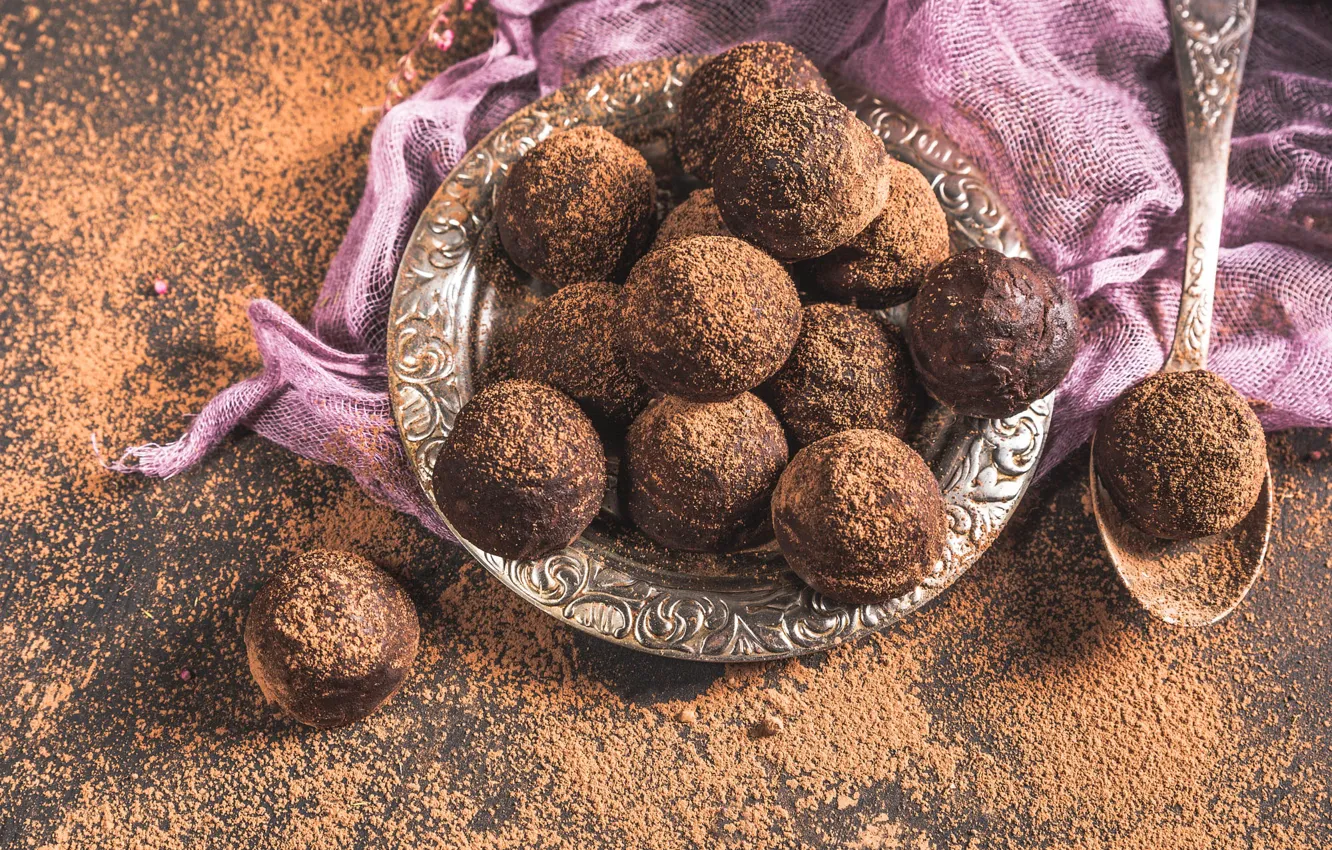 Photo wallpaper balls, table, plate, candy, spoon, fabric, placer, dessert