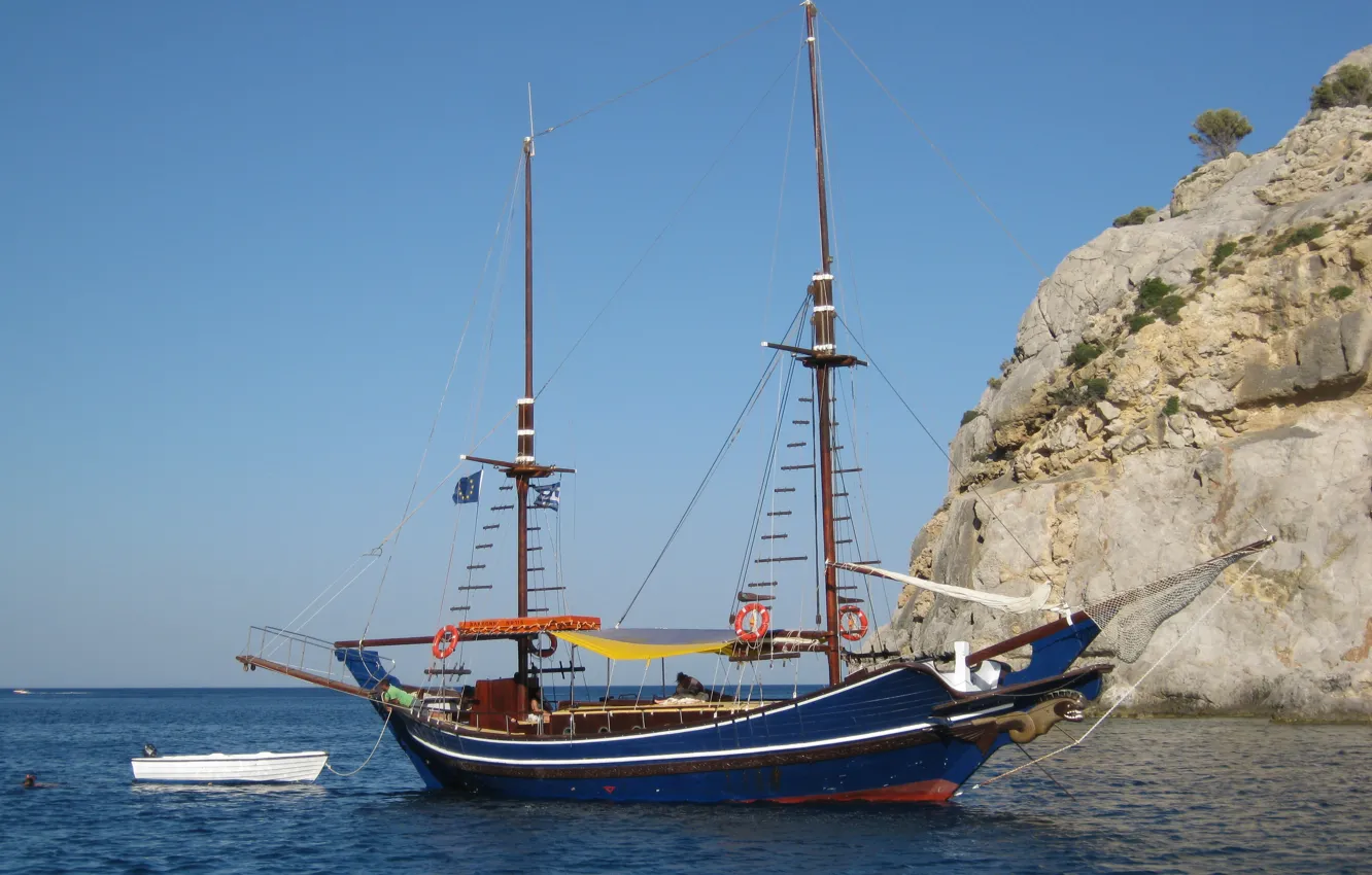 Photo wallpaper the sky, blue, rocks, sailboat, Ships, boat, The Mediterranean sea