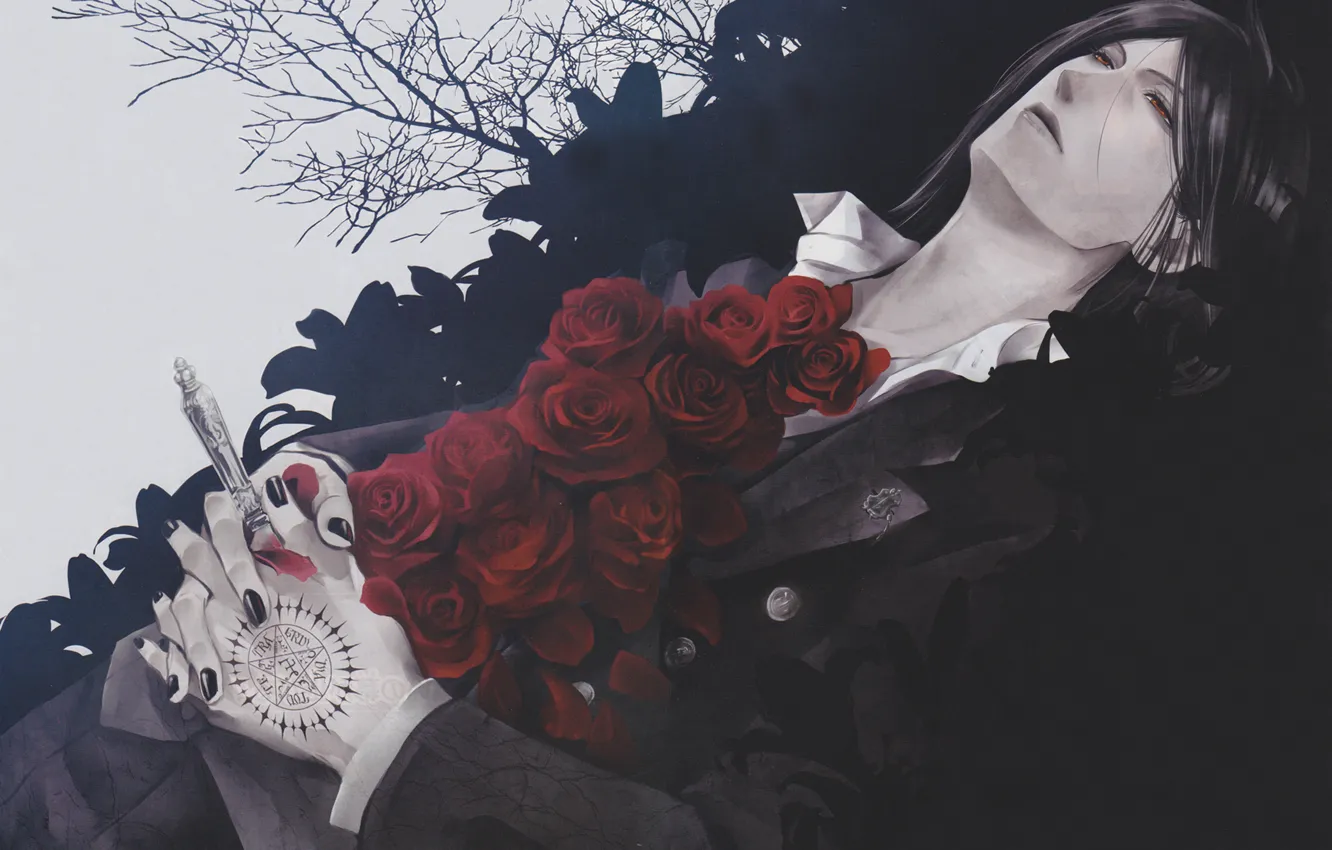 Photo wallpaper roses, knife, red eyes, pentagram, al, grief, Kuroshitsuji, Sebastian Michaelis