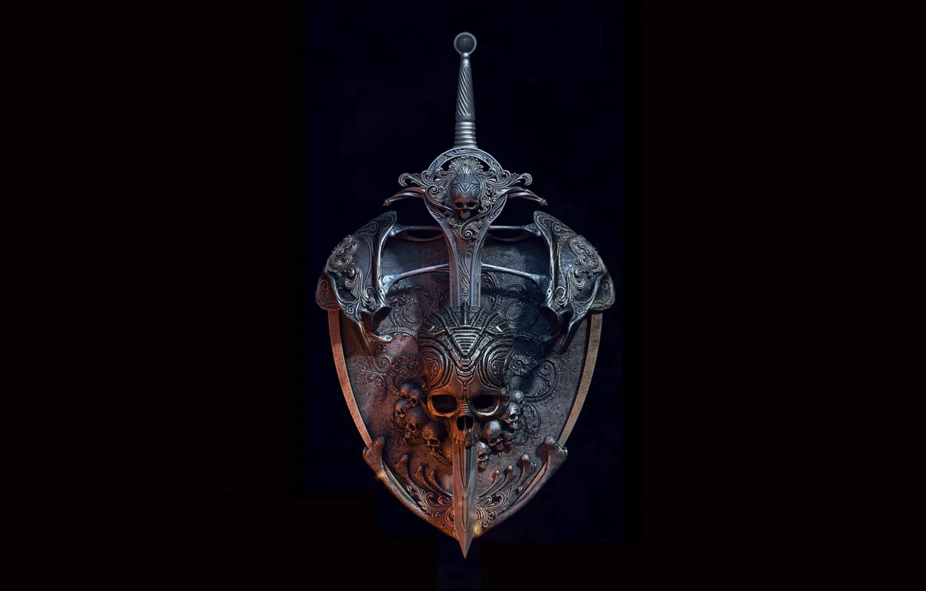 Photo wallpaper Skull, Sword, Black background, Shield