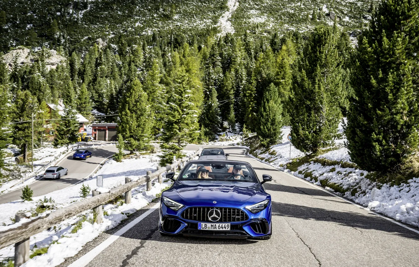 Photo wallpaper Winter, Road, Trees, Snow, Mercedes, Italy, Italy, Sports car