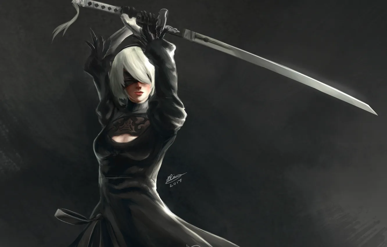 Photo wallpaper girl, robot, sword, headband, cyborg, art, NieR: Automata, YoRHa No.2 Type B