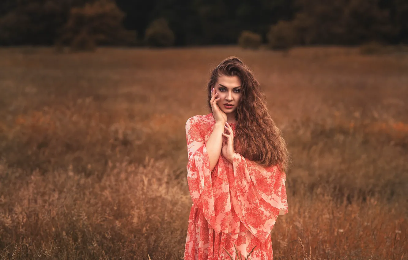 Photo wallpaper field, look, girl, pose, hair, hands, dress, meadow