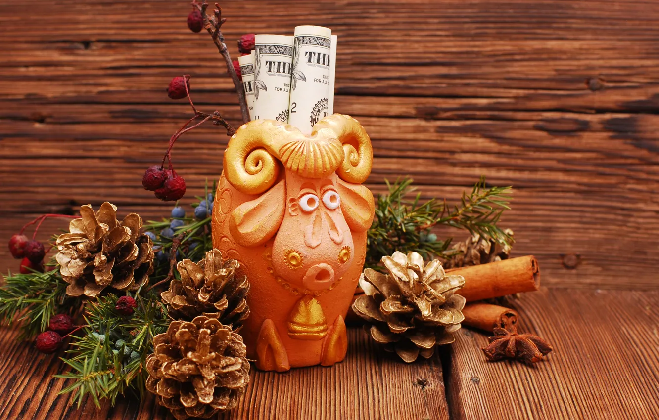 Photo wallpaper New Year, symbol, New Year, money, dollar, sheep, decoration, 2015