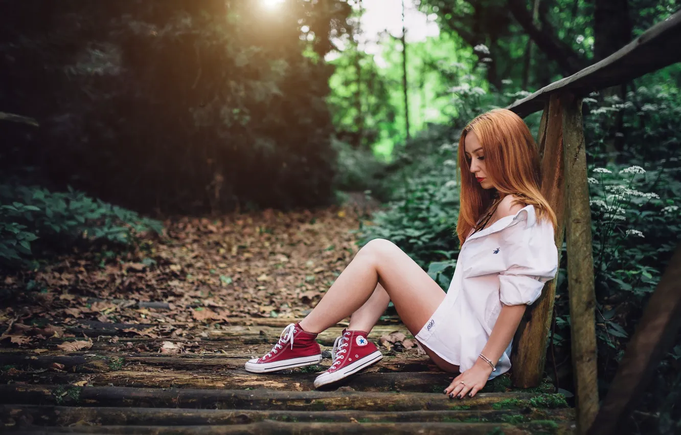 Photo wallpaper grass, forest, dress, model, redhead, sunlight, sitting, shirt