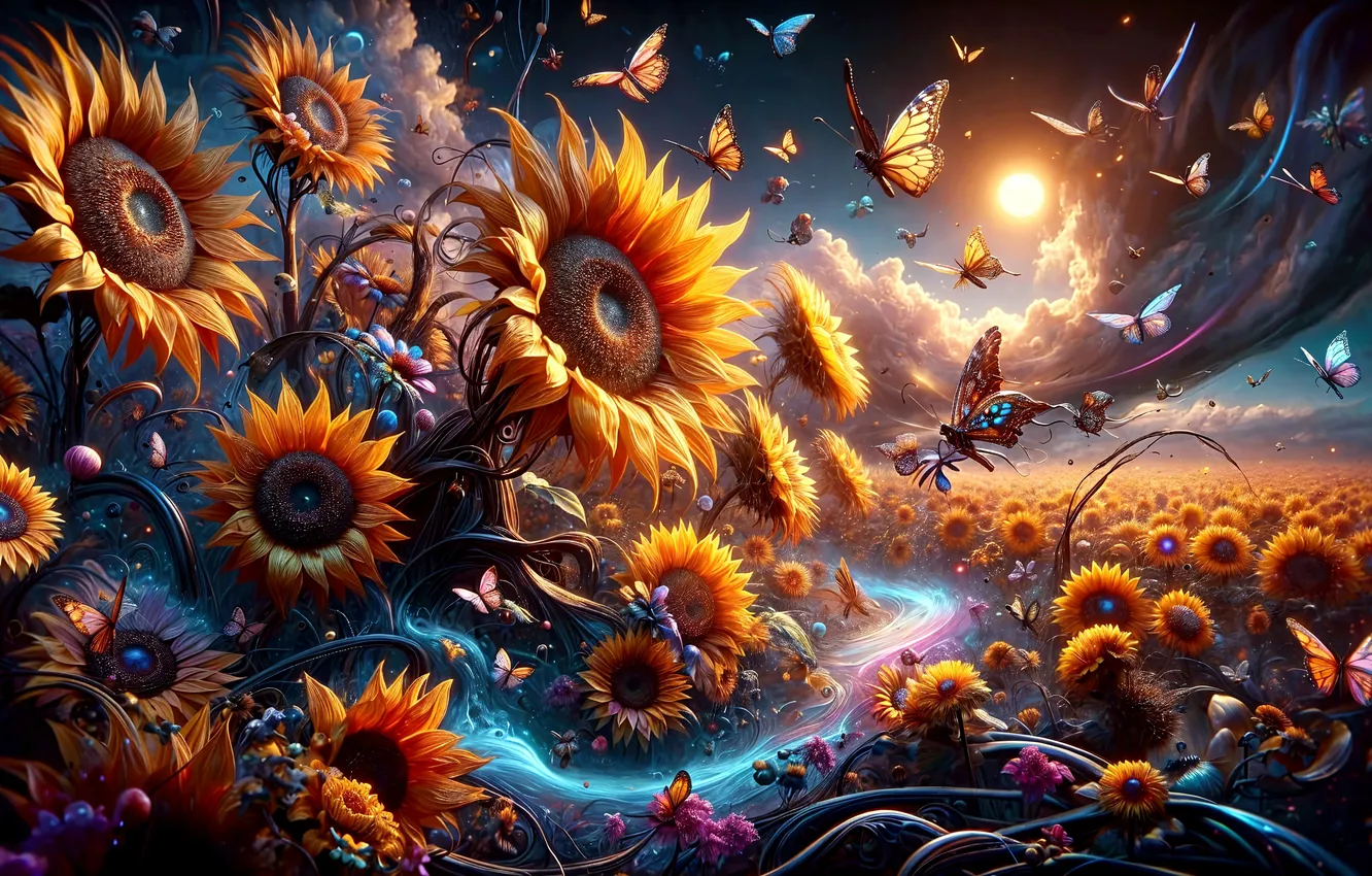 Photo wallpaper the sky, clouds, sunflowers, flowers, butterfly