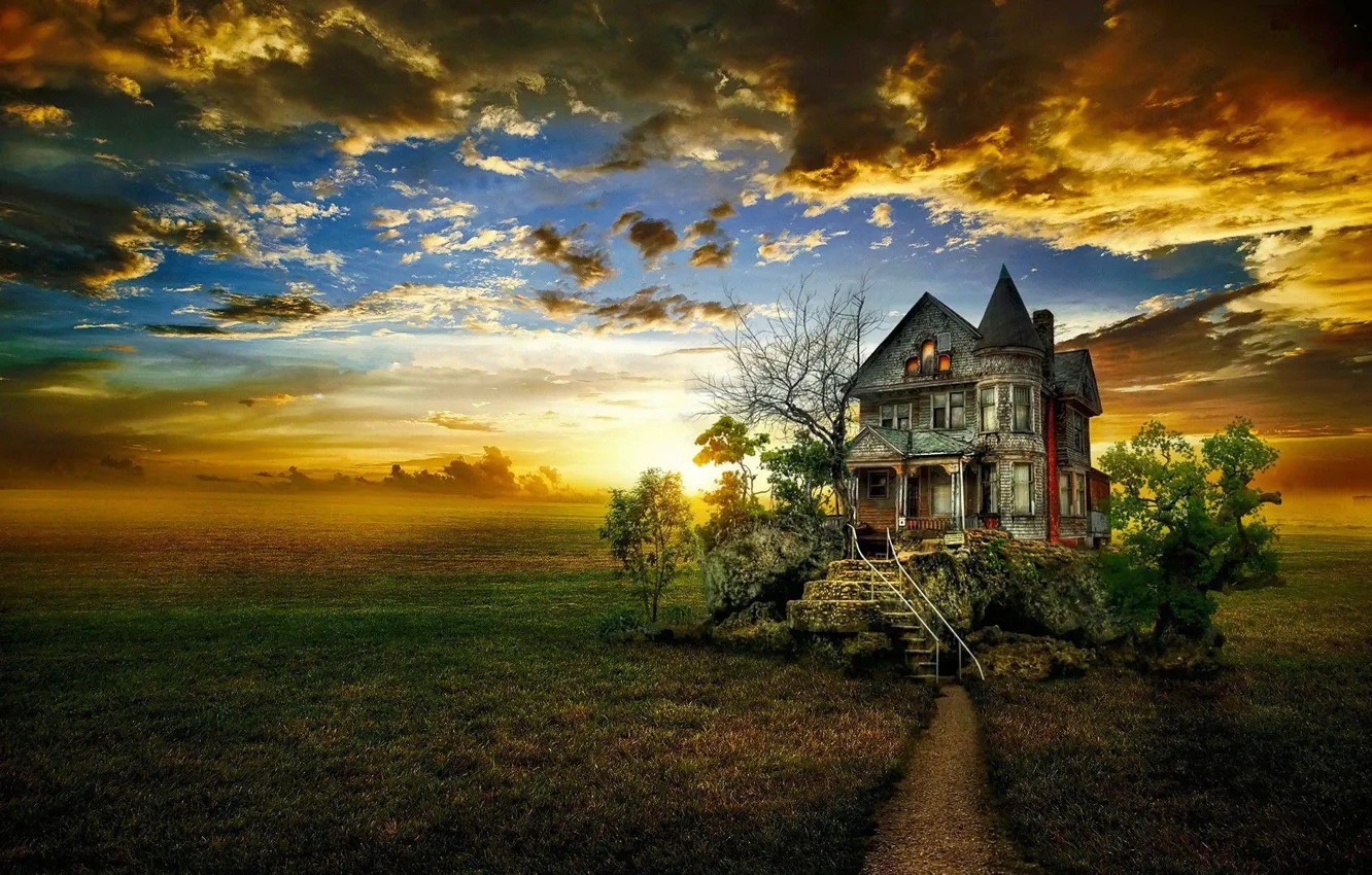Photo wallpaper field, house, the evening, mystic house