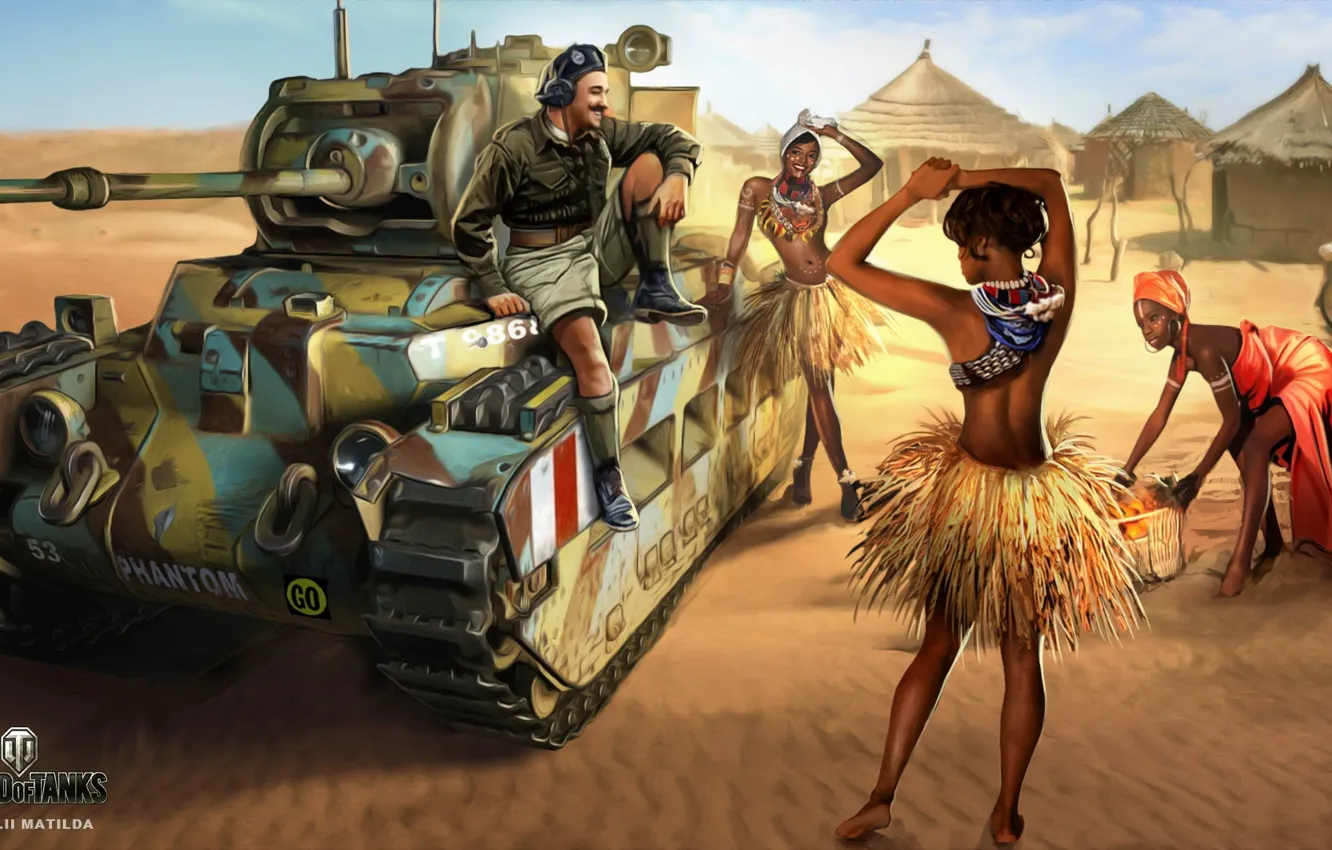 Photo wallpaper sand, girl, desert, figure, art, tank, hut, British