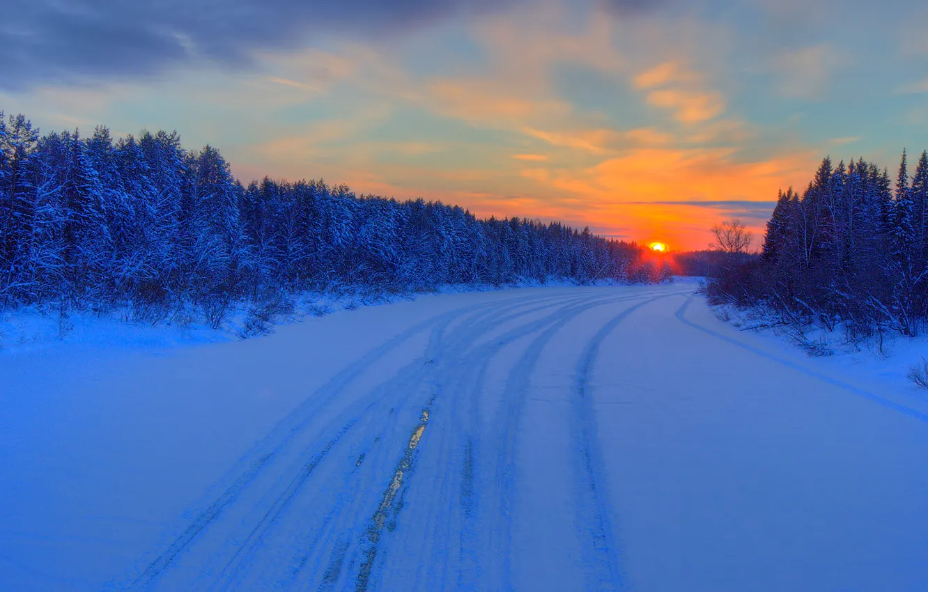 Photo wallpaper winter, road, forest, the sky, clouds, sunset, glow