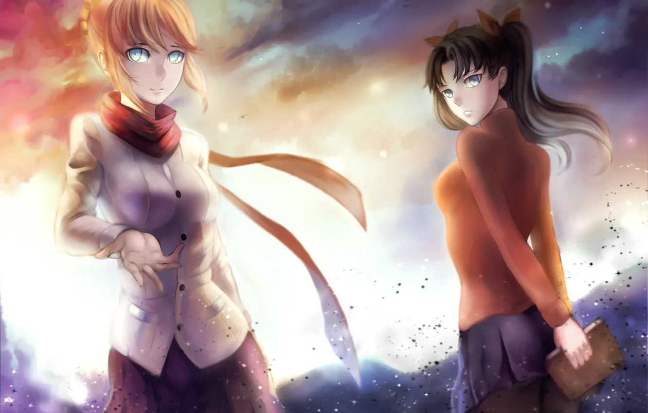 Photo wallpaper the sky, clouds, sunset, smile, girls, anime, art, saber