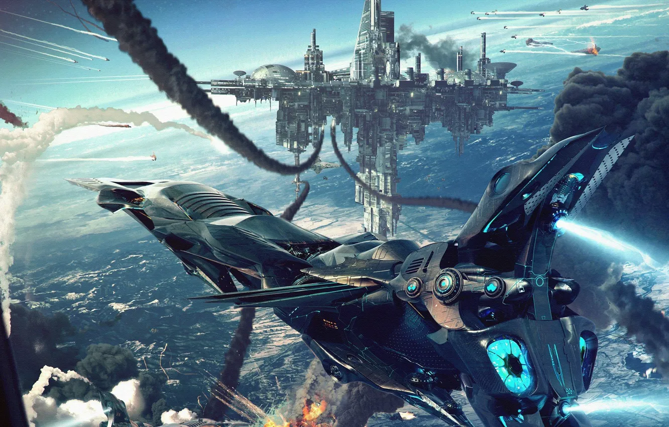 Photo wallpaper earth, war, ship, art, battle, sci-fi, starship, Space city