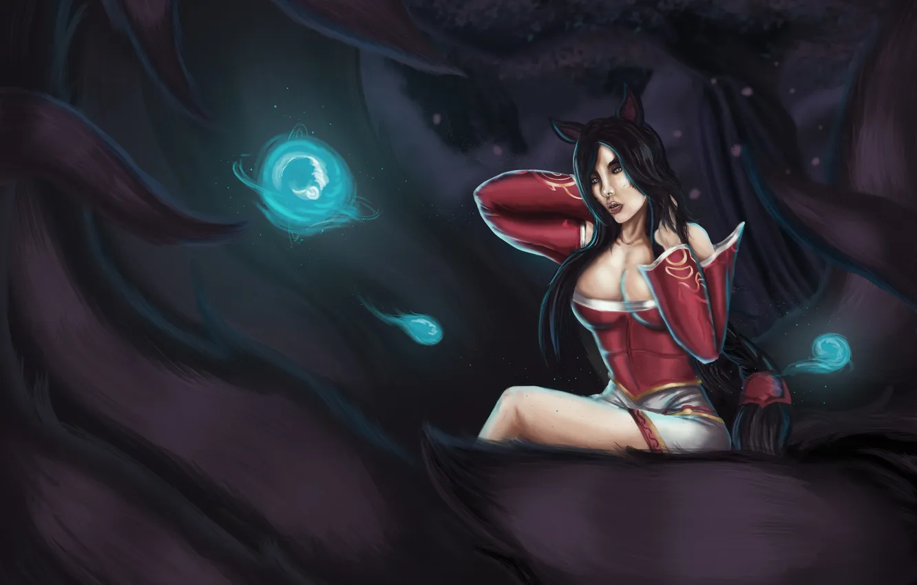 Photo wallpaper magic, Fox, tail, Ahri, league fo legends