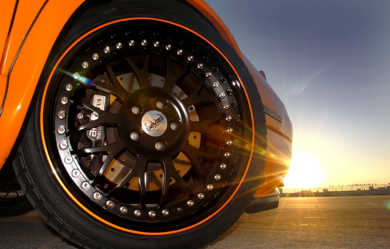 Photo wallpaper sunset, Lotus, brake, Lotus, drives, caliper, sunlight, oranzhevy