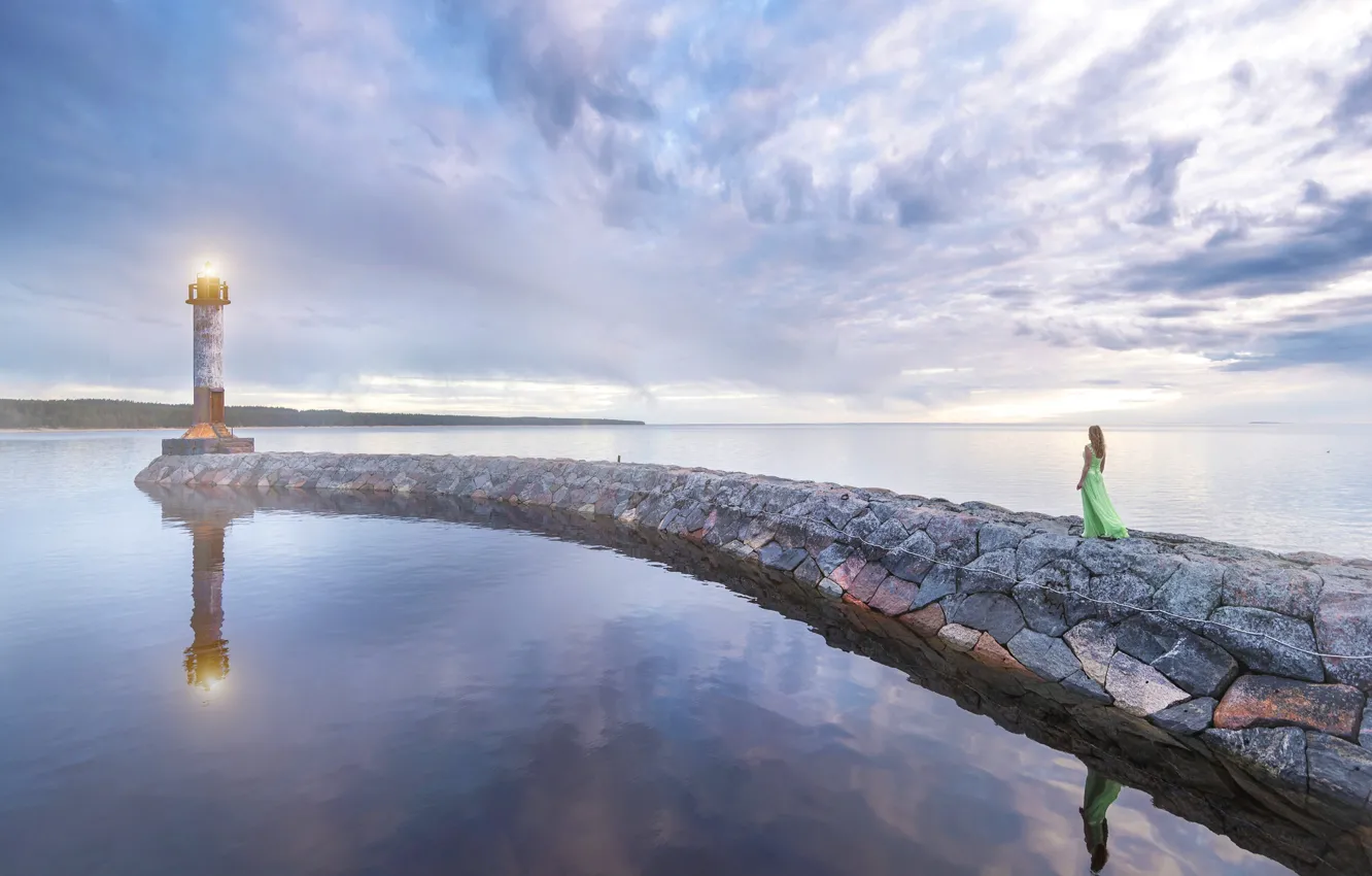 Photo wallpaper the sky, girl, nature, lake, reflection, view, lighthouse, spring