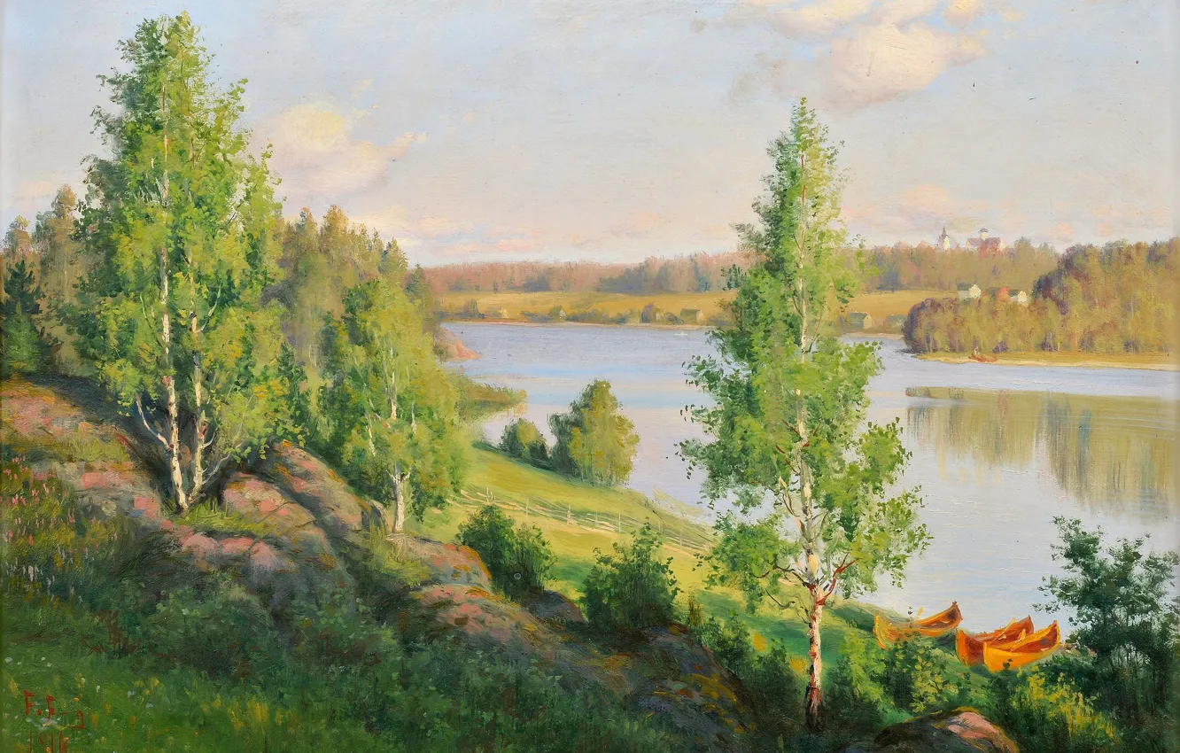 Photo wallpaper trees, river, boat, Felix Pahlama