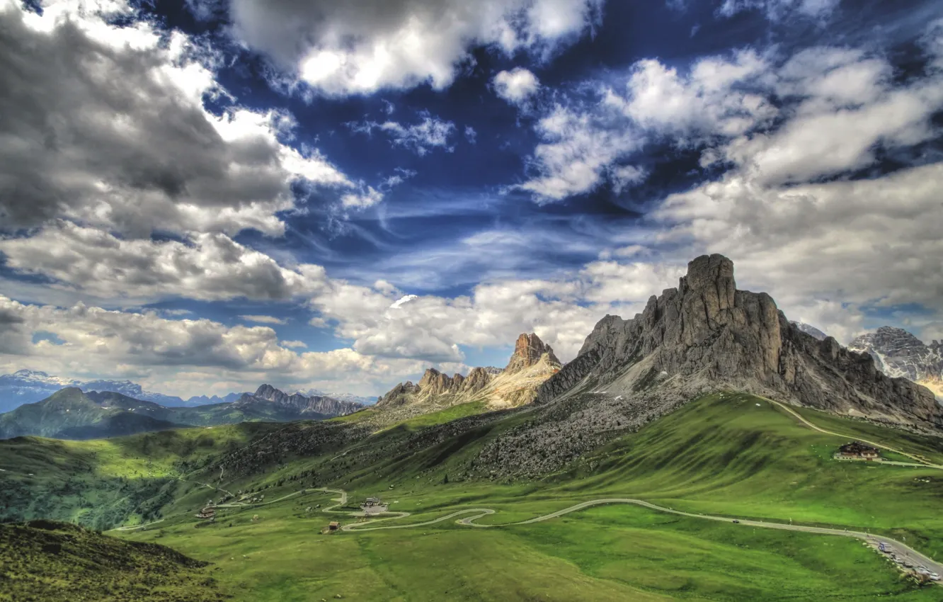 Photo wallpaper clouds, mountains, hills, plain