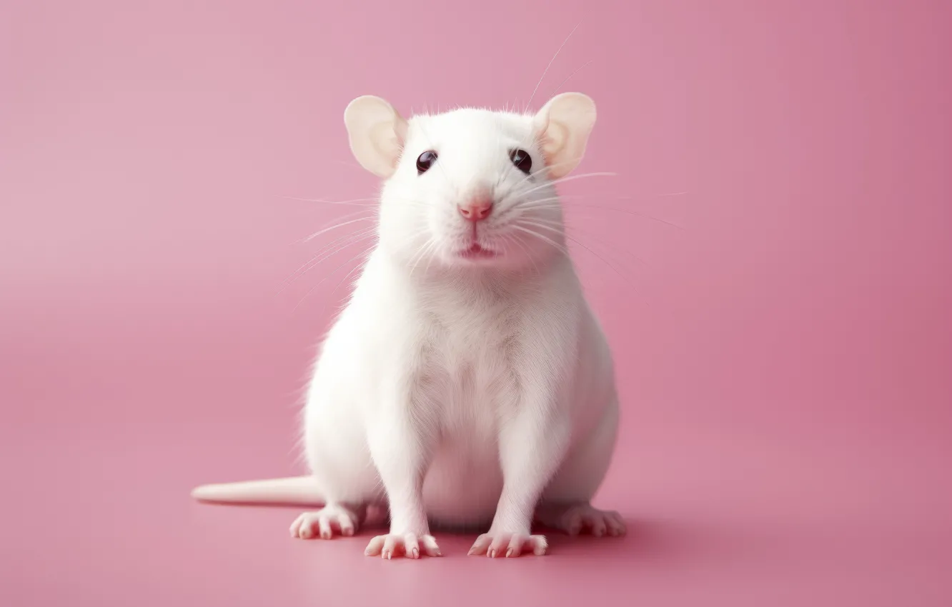 Photo wallpaper white, mouse, sitting, pink background, rat, rodent, AI art, neural network