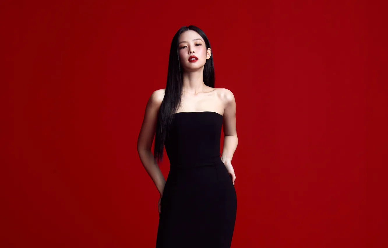 Photo wallpaper stars, actress, Asian, star, black dress, cutie, red background, beautiful girl