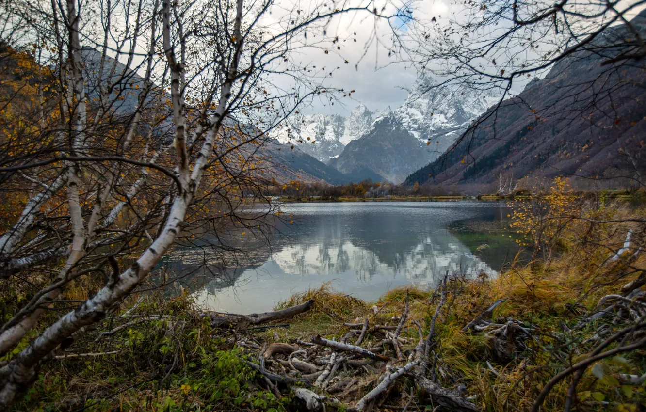 Photo wallpaper autumn, landscape, mountains, nature, lake, Dombay, KCR, Tumanly-Kel