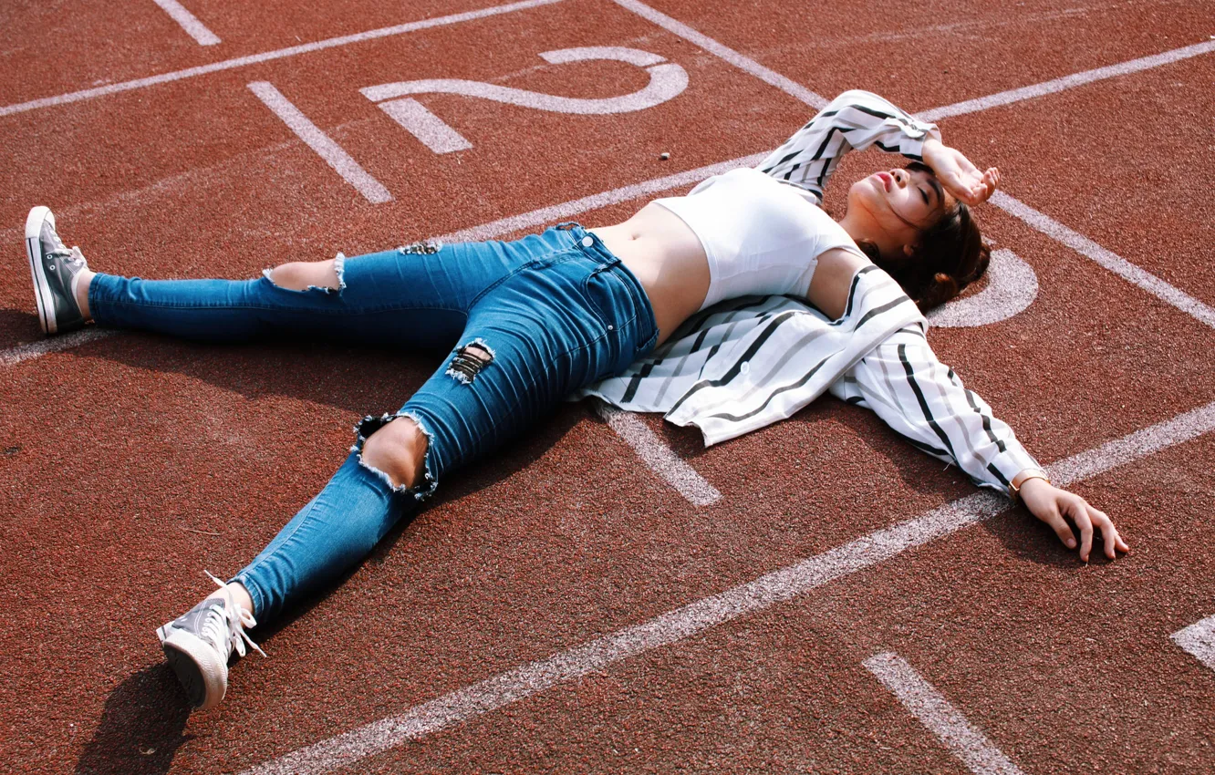 Photo wallpaper model, asian, shirt, Converse, closed eyes, torn jeans, lying on back, white tops