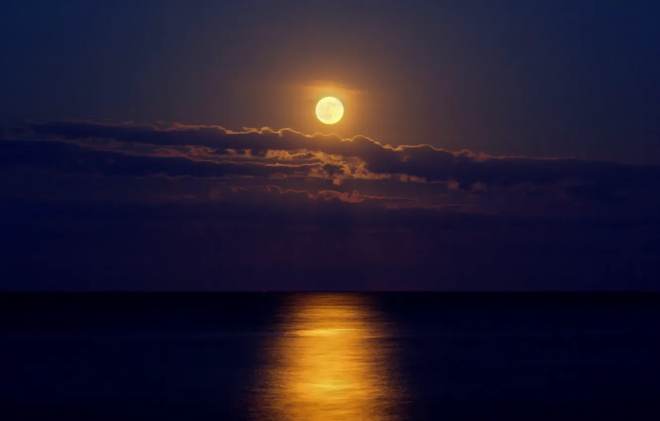 Photo wallpaper sea, clouds, night, the moon, moonlight road