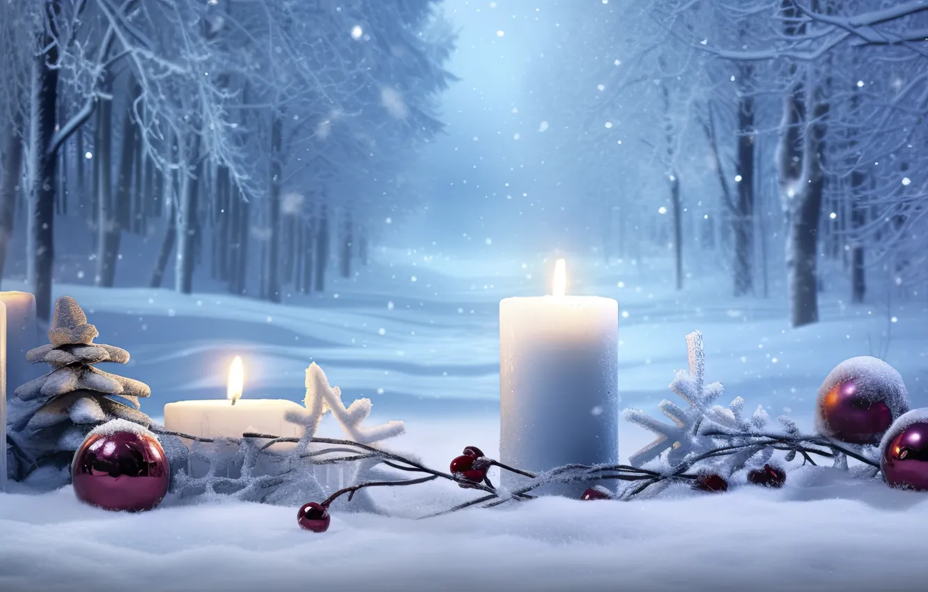 Photo wallpaper winter, frost, forest, balls, snow, trees, winter, new year