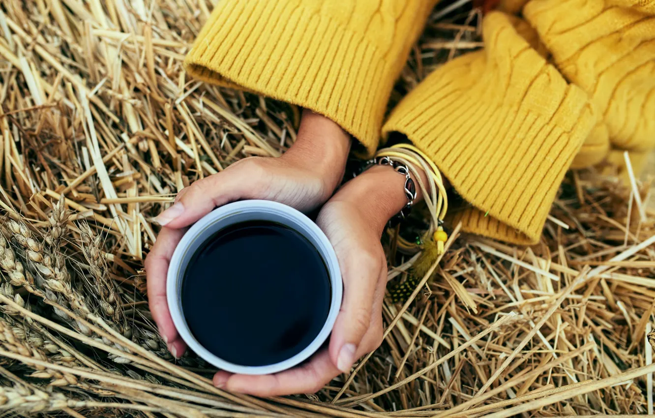 Photo wallpaper autumn, coffee, hands, hay, Cup, sweater