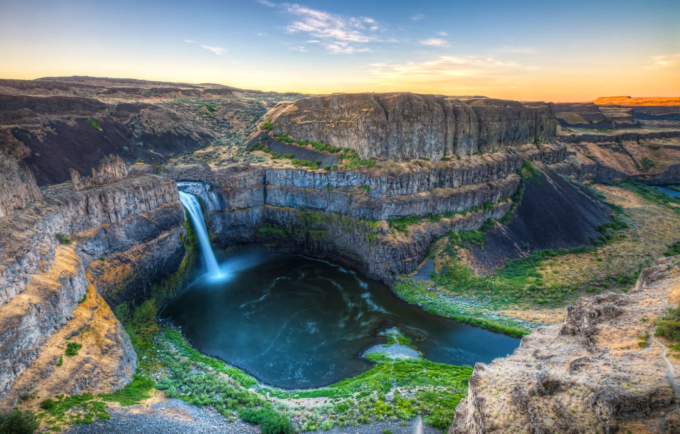 Photo wallpaper landscape, river, rocks, view, waterfall, canyon, Washington, USA