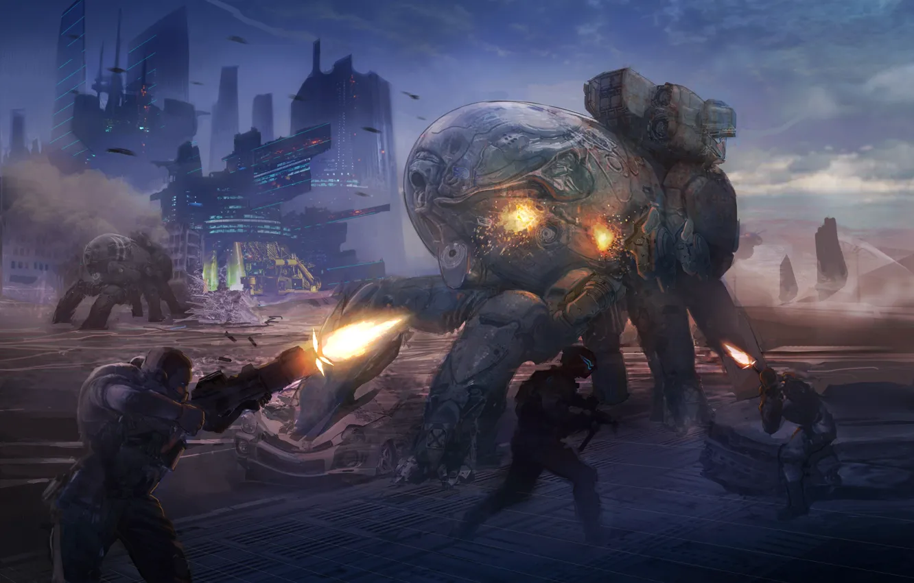 Photo wallpaper the city, weapons, robot, shot, art, soldiers, battle