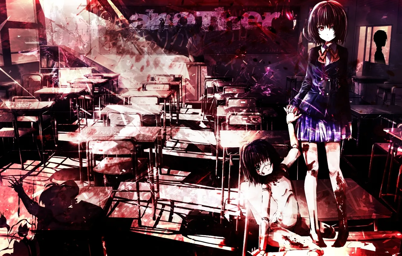 Photo wallpaper girl, blood, doll, anime, silhouette, art, headband, class