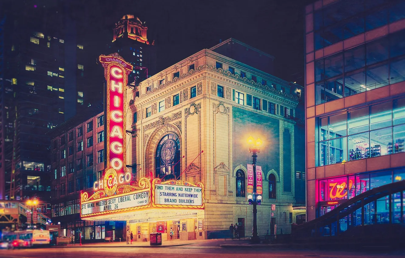 Photo wallpaper night, lights, building, Chicago, theatre, America, Chicago, america