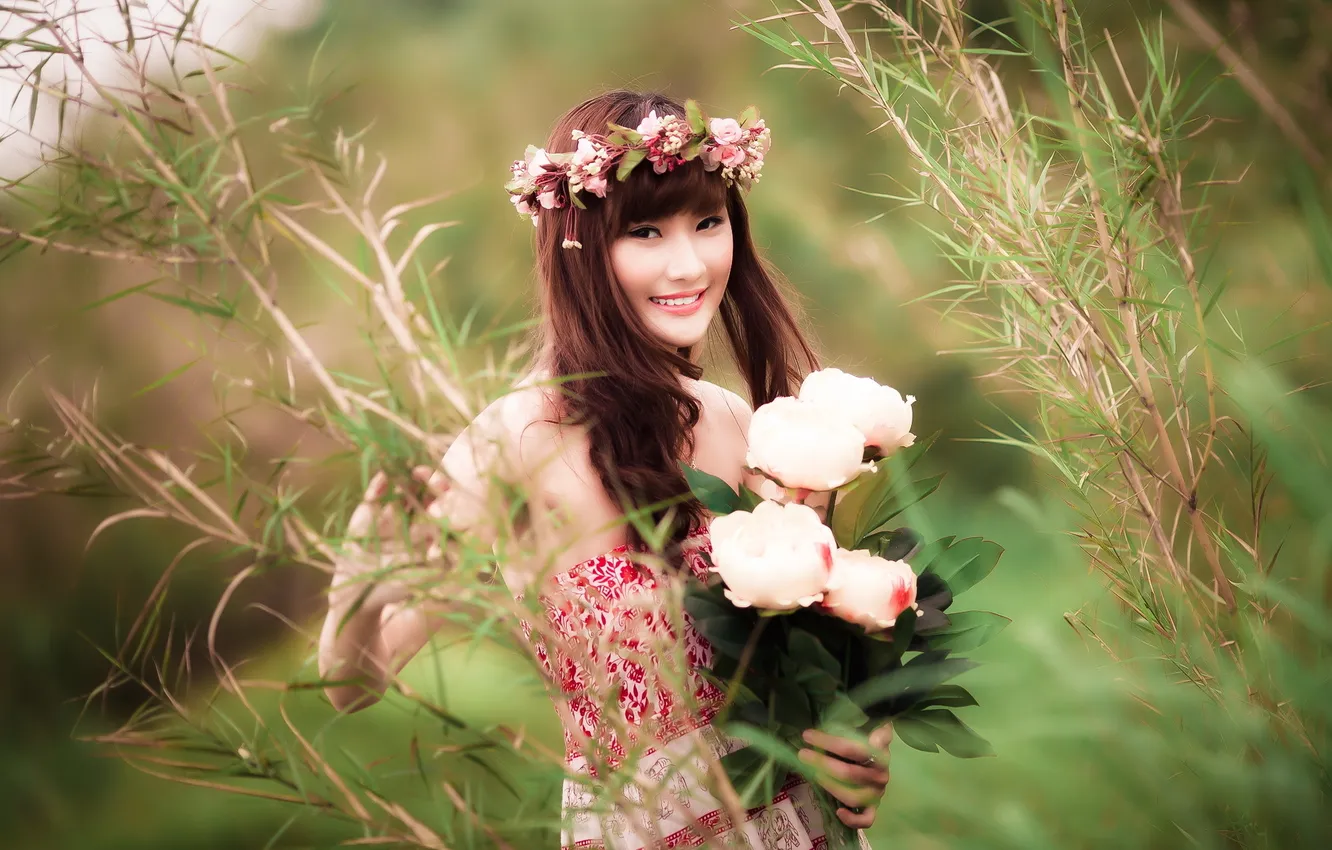 Photo wallpaper summer, girl, flowers, Asian