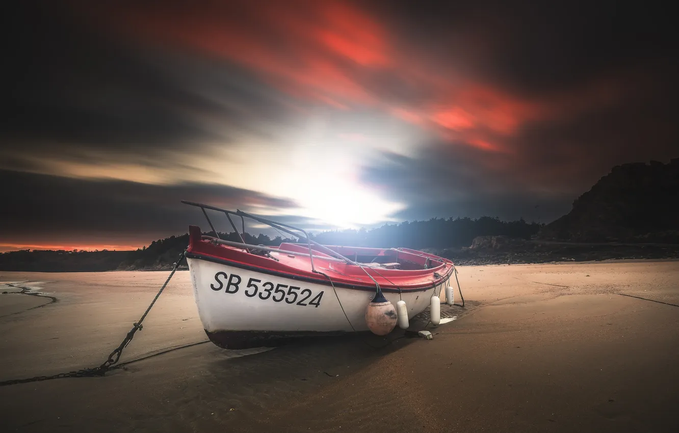 Photo wallpaper night, shore, boat