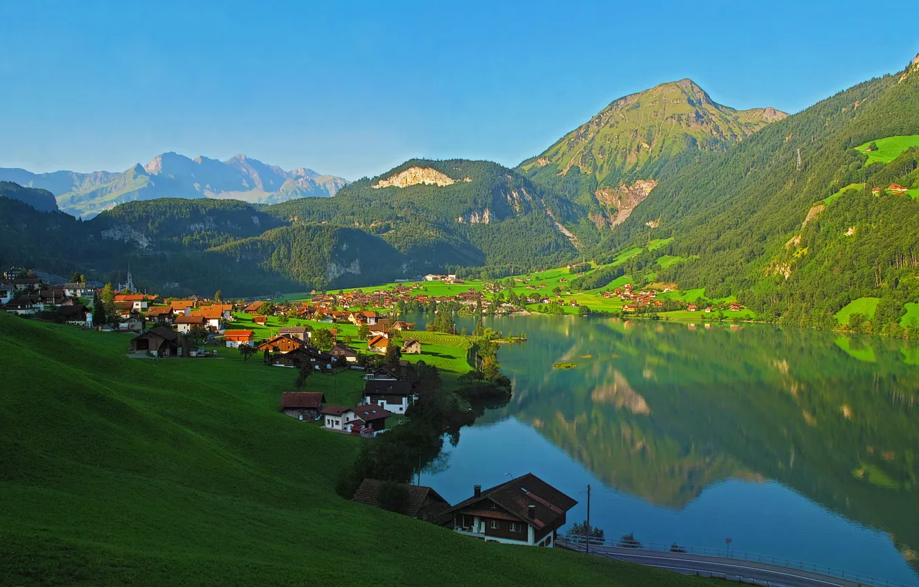 Photo wallpaper landscape, mountains, the city, Switzerland, Lungern