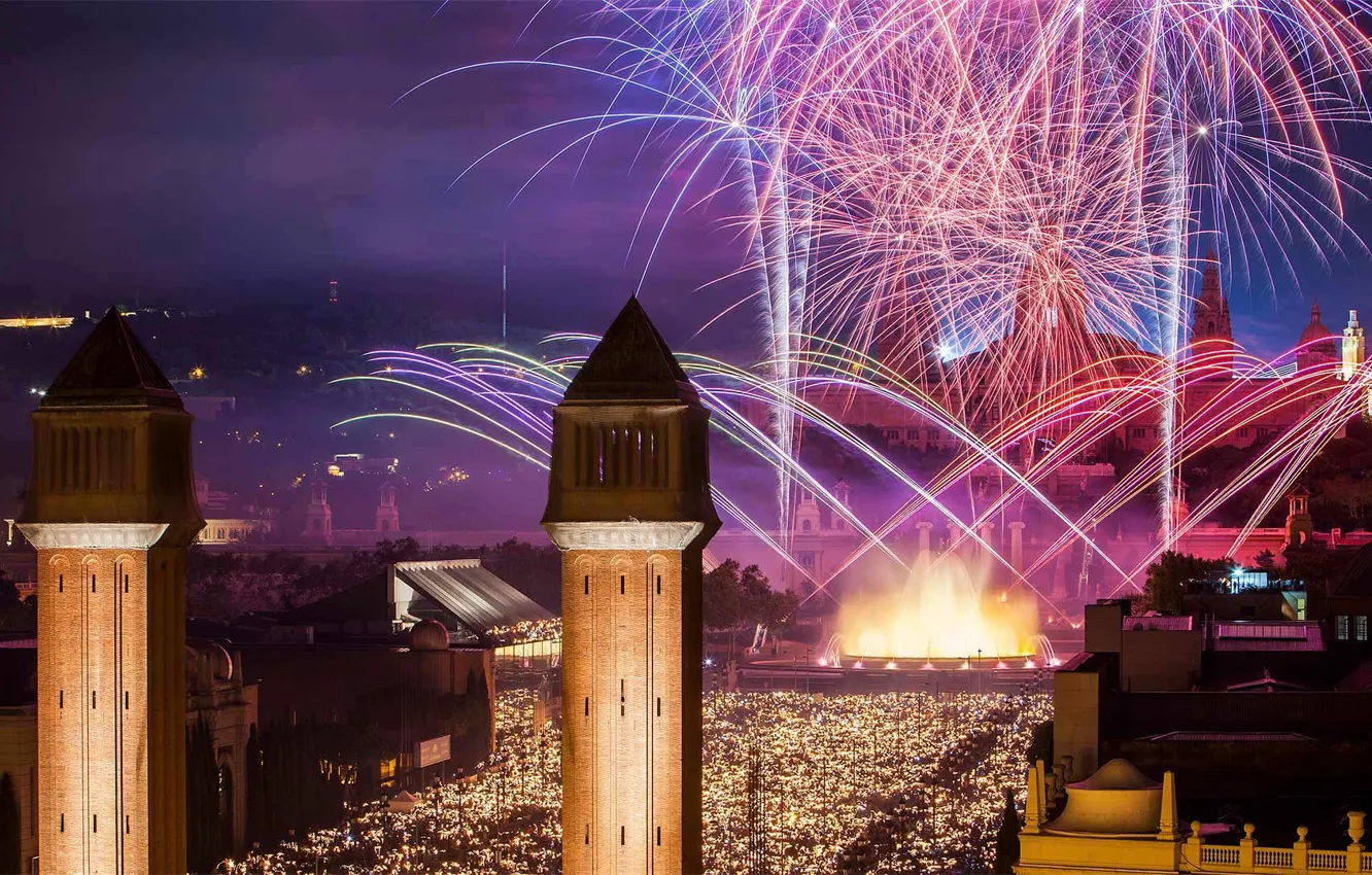 Photo wallpaper tower, fireworks, Spain, Barcelona, The Festival Of La Mercè