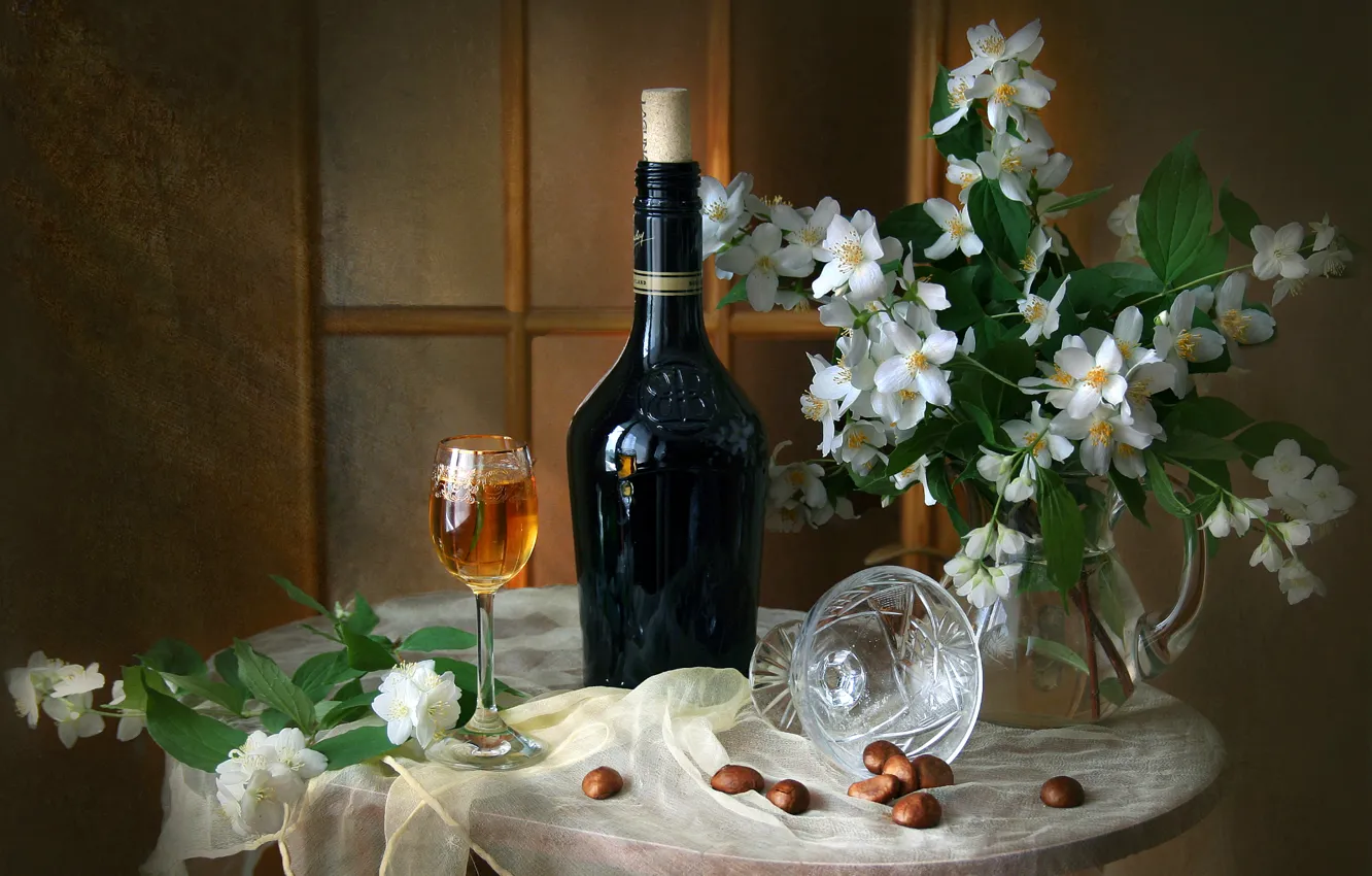 Photo wallpaper wine, glass, bottle, bouquet, texture, still life, Jasmine, chestnuts