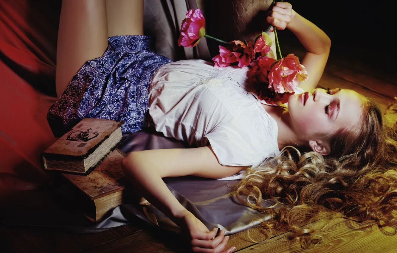 Photo wallpaper girl, flowers, mood, hair, books