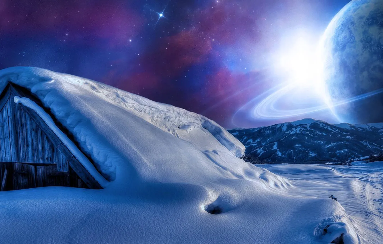 Photo wallpaper the sky, snow, mountains, night, star, planet, House