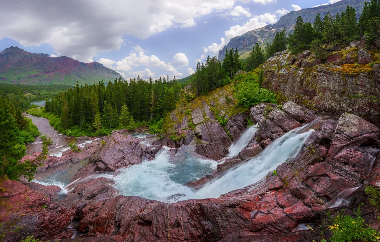 Photo wallpaper forest, mountains, rocks, waterfall, stream