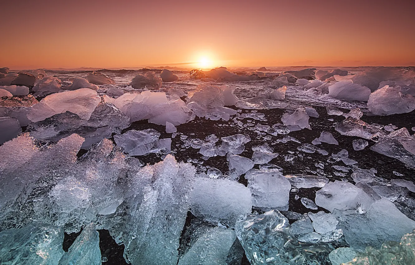 Photo wallpaper ice, beach, twilight, sunset, winter, dusk