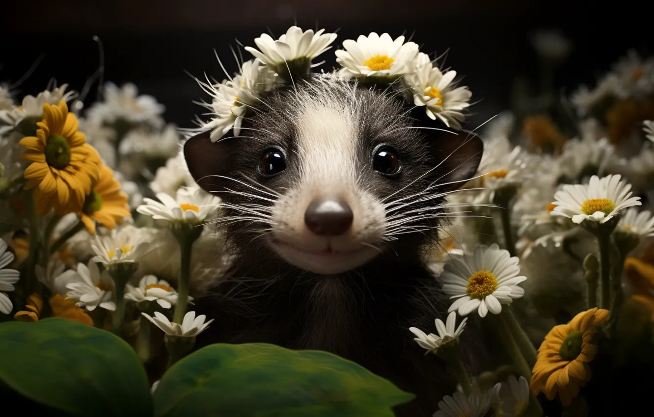 Photo wallpaper flowers, chamomile, cub, face, wreath, Peeps, badger, AI art