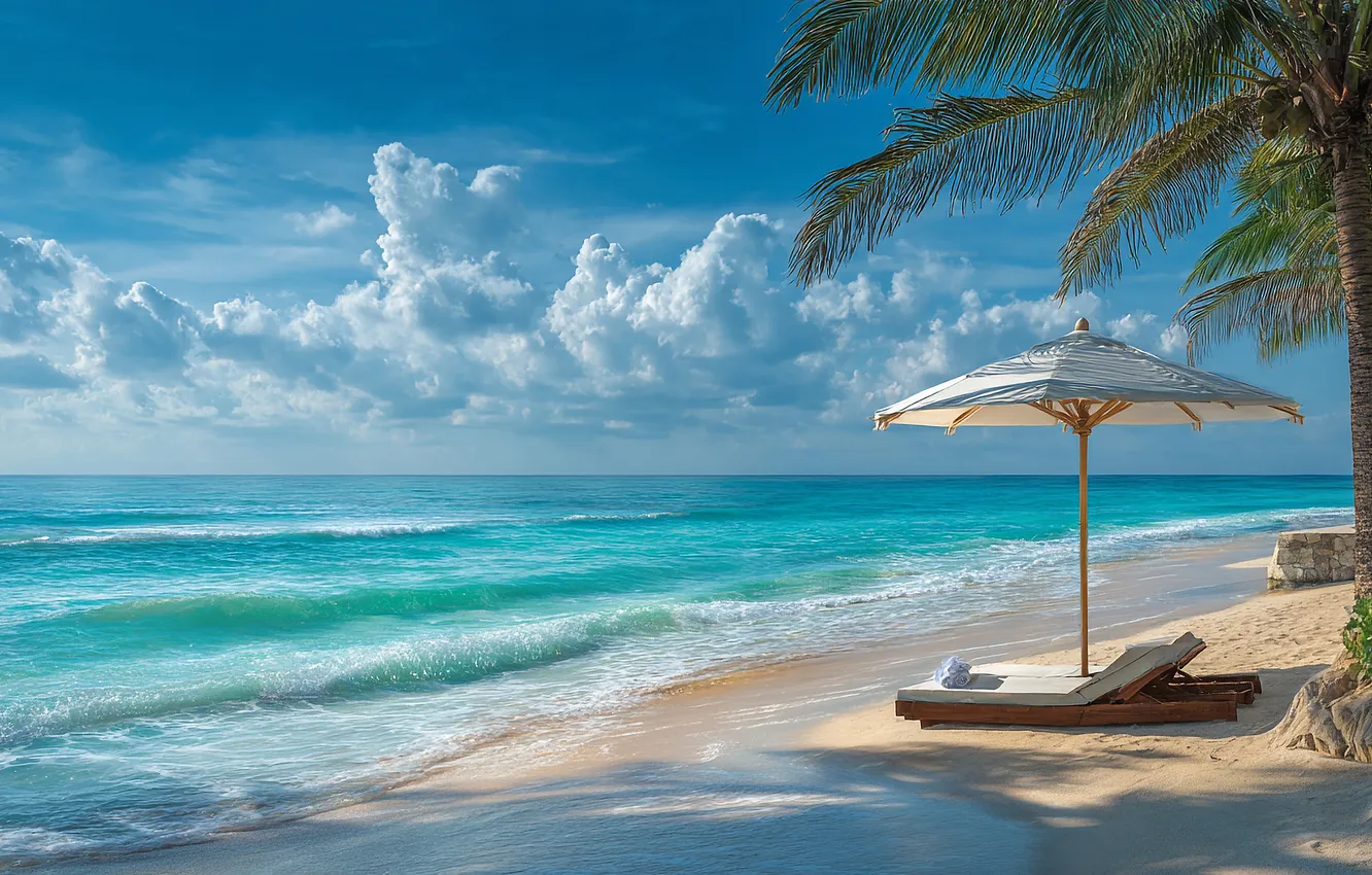 Photo wallpaper sand, sea, wave, beach, the sky, clouds, tropics, blue