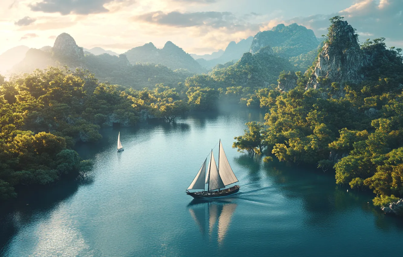 Photo wallpaper forest, mountains, fog, lake, reflection, shore, tops, view