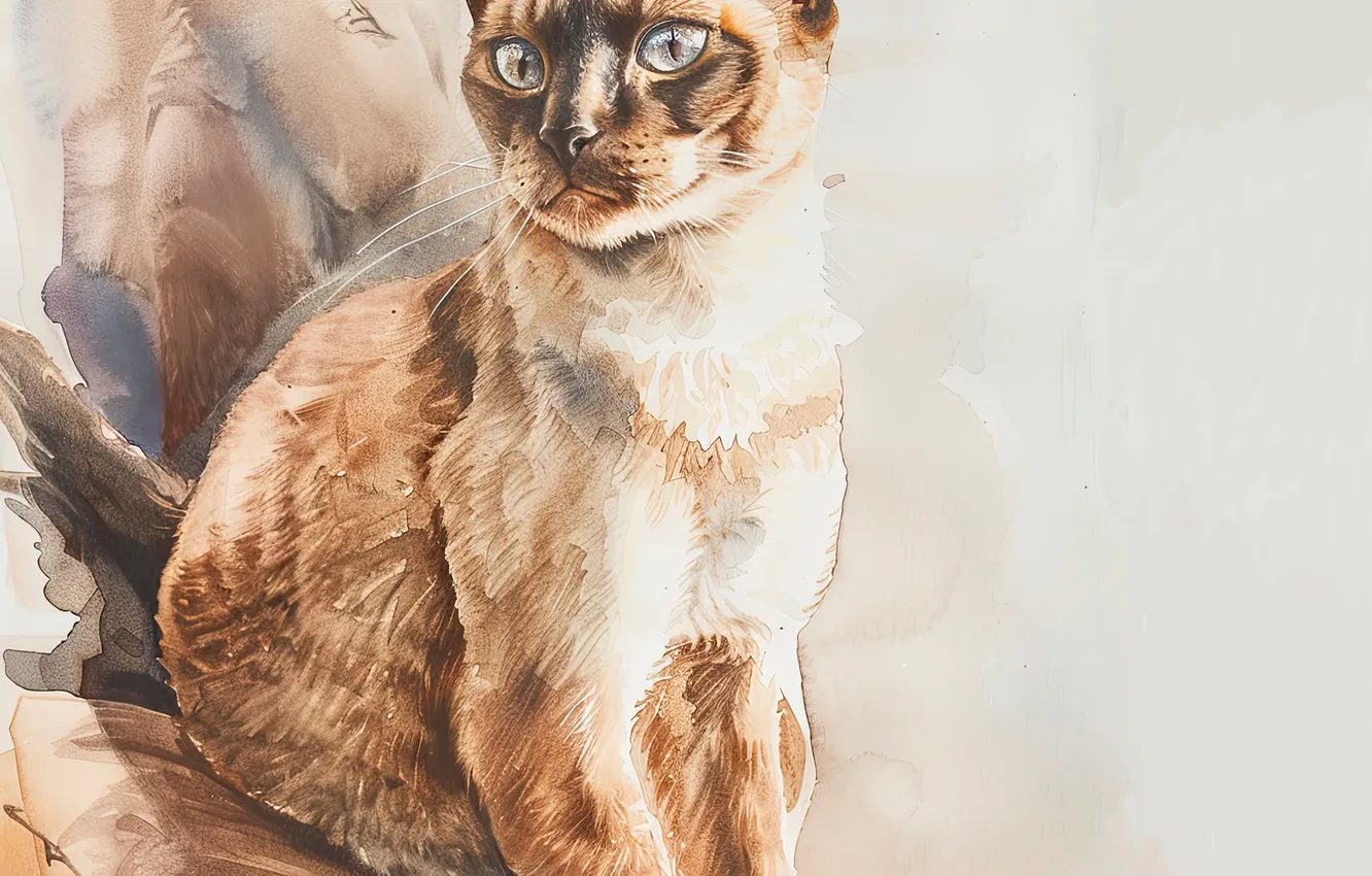 Photo wallpaper Look, Cat, Mustache, Cat, Face, Art, Digital art, Siamese