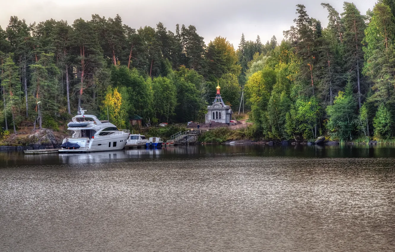 Photo wallpaper forest, lake, yacht, Church, Russia, Ladoga