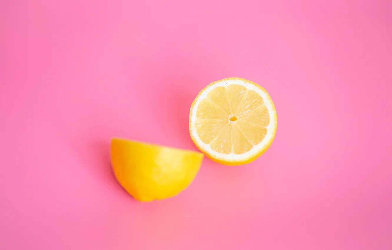 Photo wallpaper lemon, minimalism, fruit, pink background, halves, lemons, cut